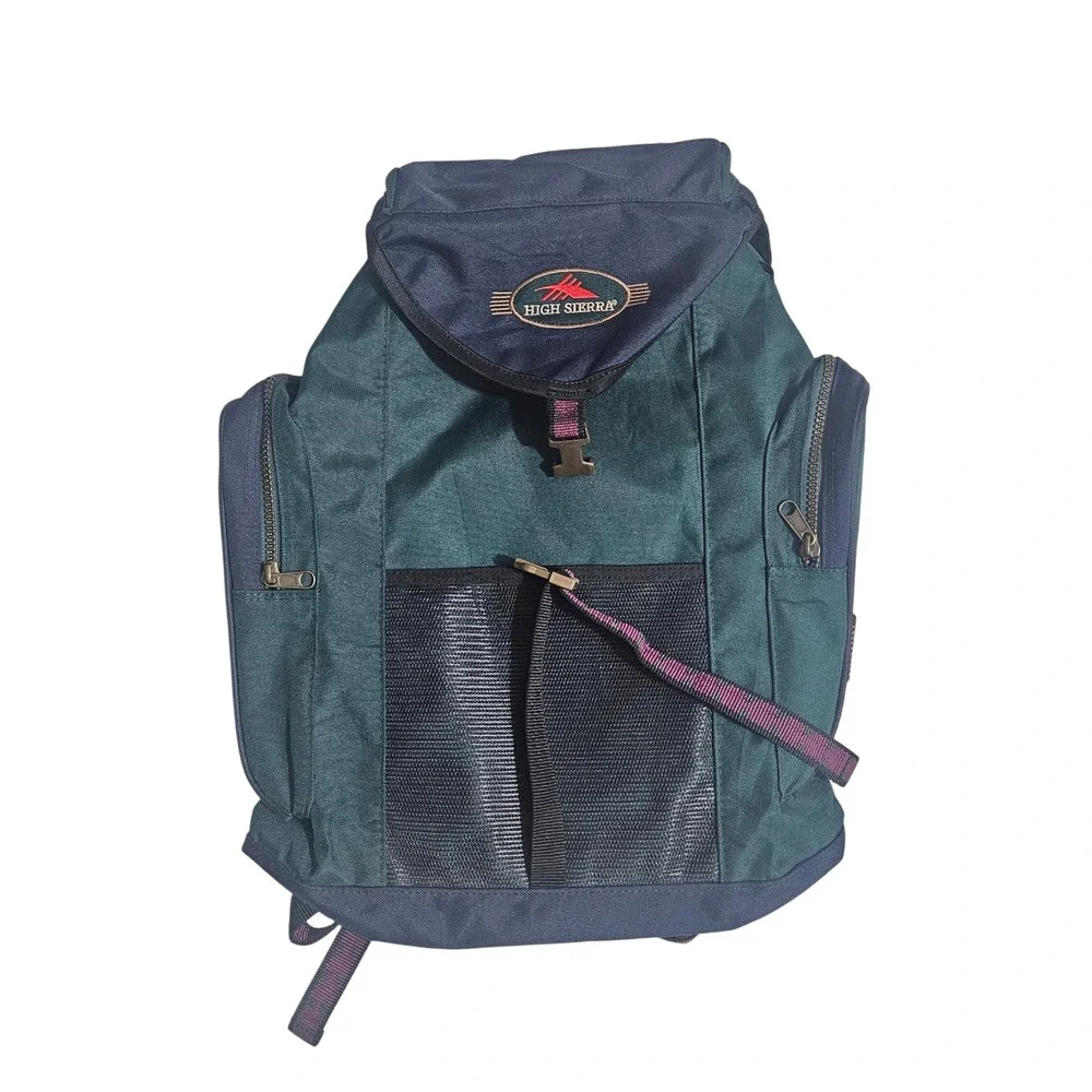 Vintage High Sierra X Aquafina Collab Backpack Green Navy Blue Hiking Bag